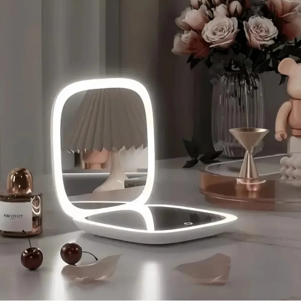 Portable LED Travel Makeup Mirror with 2X Magnification and Three Level Dimming - Double Sided, Handheld, Compact and Folding Imagem secundária do produto