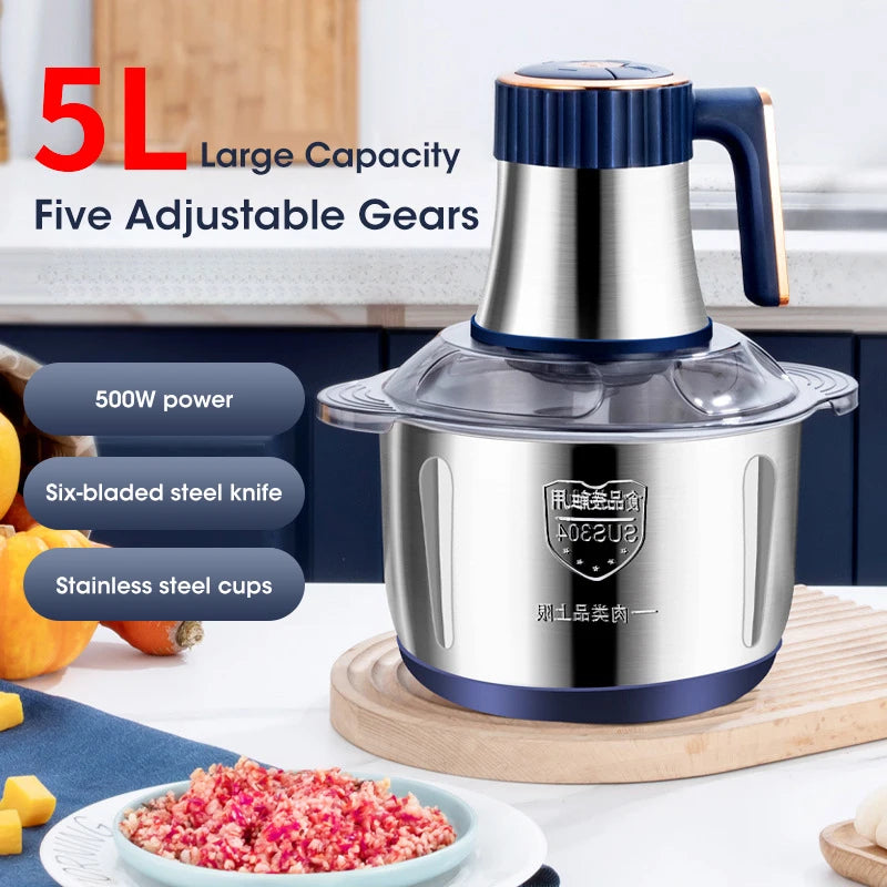5L Electric Meat Grinders 304 Stainless Steel Food Crusher Multifunctional Vegetable Slicer Chopper Mincer Baby Food Processor Imagen principal del producto