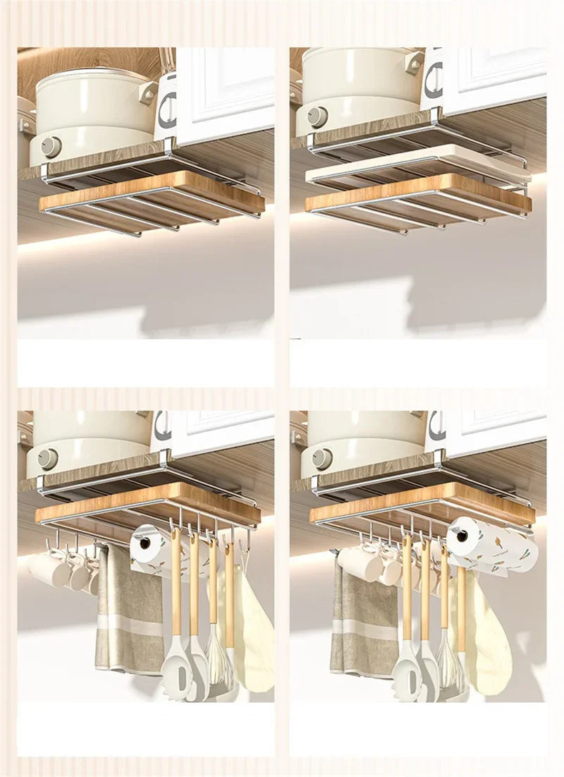 JUSTINLAU Stainless steel Kitchen Hanging Organizer Rack with Hook Paper Towel Rag Hanging Cutting Board Pot Cover Storage Shelf