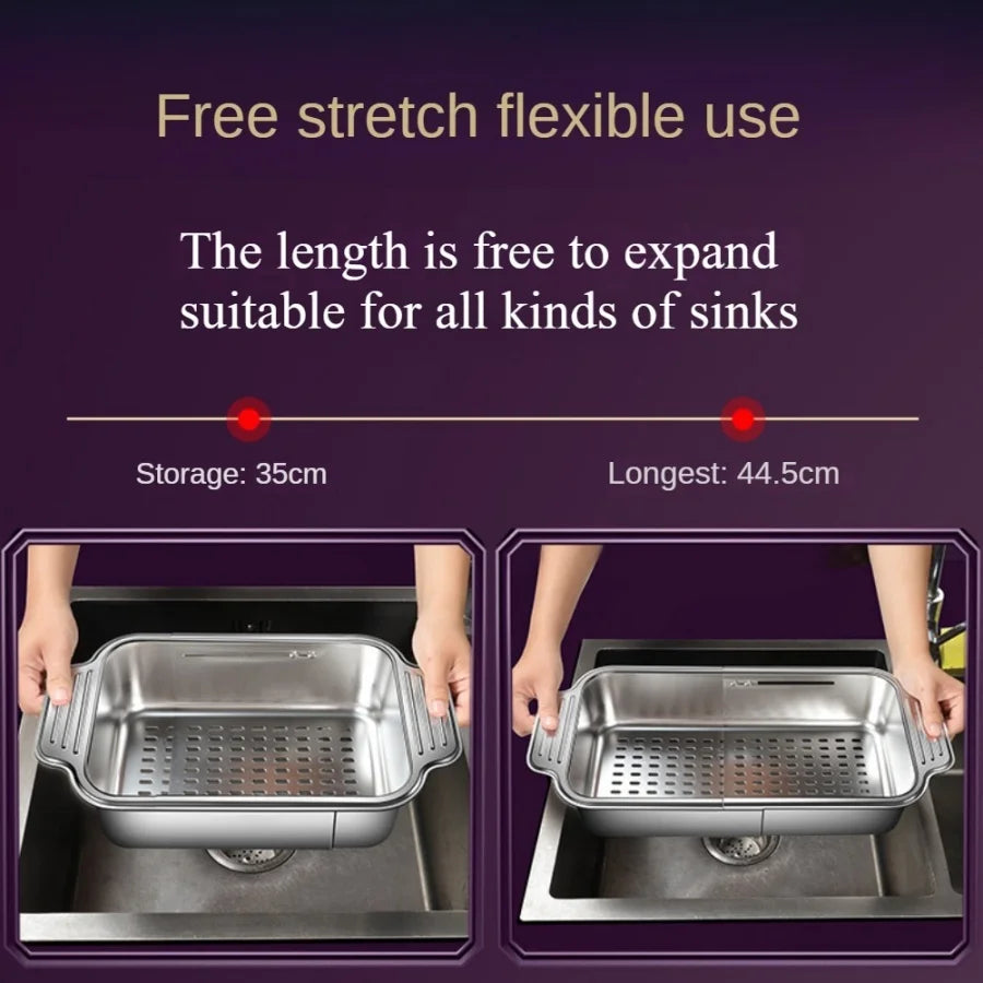Stainless steel telescopic sink filter basket, adjustable length, used for cleaning fruits, draining spaghetti and dishes Imagen secundaria del producto