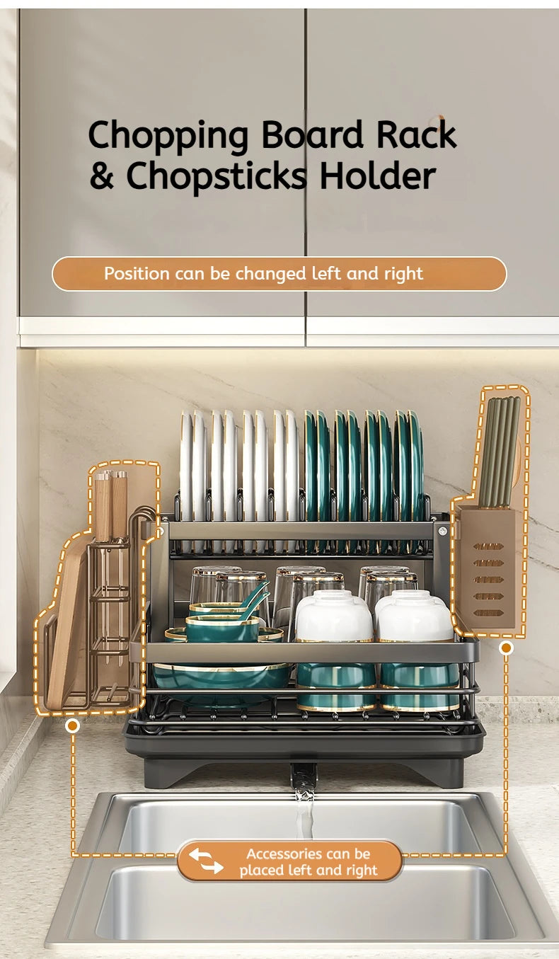 Stainless Steel Dish Drying Rack Adjustable Kitchen Plates Organizer with Drainboard Over Sink Plate Drainer Storage Organizer