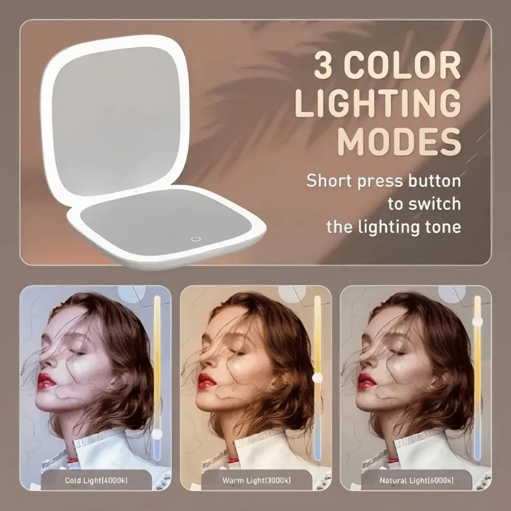 Portable LED Travel Makeup Mirror with 2X Magnification and Three Level Dimming - Double Sided, Handheld, Compact and Folding