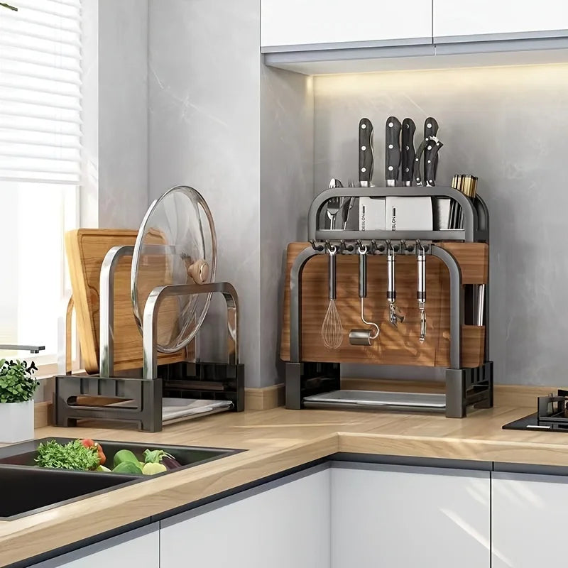 1pc Stainless Steel Knife Holder Kitchen Rack Home Countertop Cutting Board Rack Cutting Board Knife Integrated Storage Rack Imagen secundaria del producto