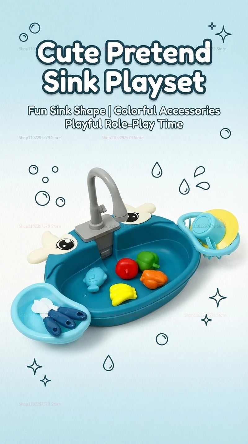 Children Play Kitchen Set with Simulated Dishwasher Sink Hand Basin Electric Circulating Water Toy for Boys Girls Kids Role Play