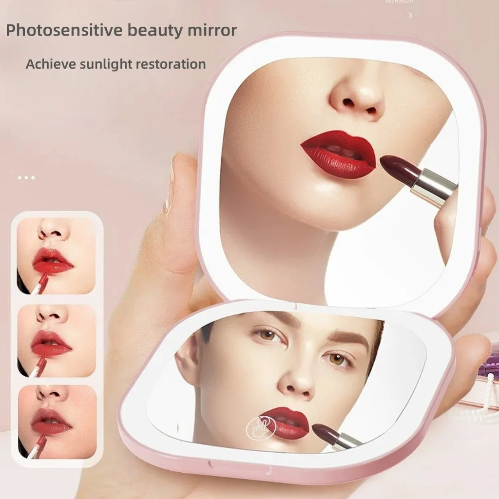 Portable LED Travel Makeup Mirror with 2X Magnification and Three Level Dimming - Double Sided, Handheld, Compact and Folding