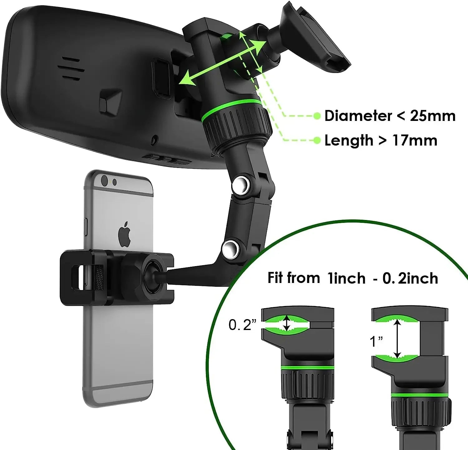 Rearview Mirror Phone Holder, 360° Rotatable and Retractable Car Phone Mount, Multifunctional Secondary image