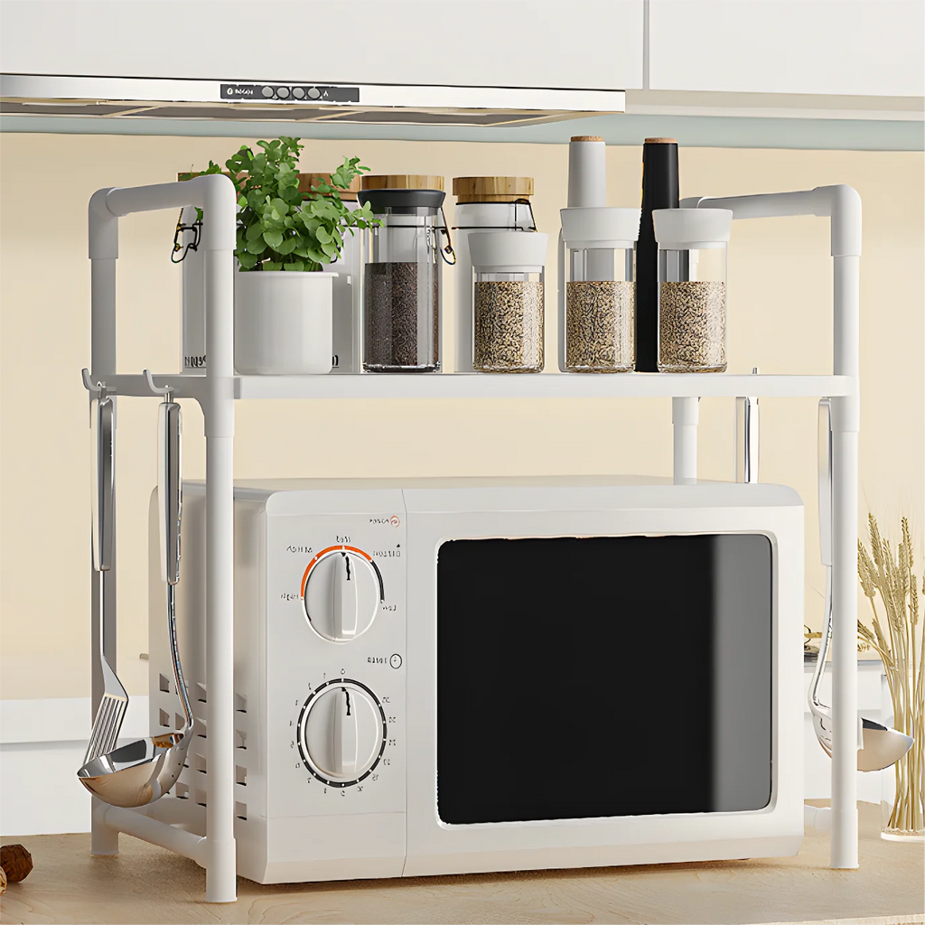 1pc Microwave Oven Storage Rack, Space-saving Countertop Kitchen Utensils Tableware Organizer, Kitchen Accessories Plastic Shelf
