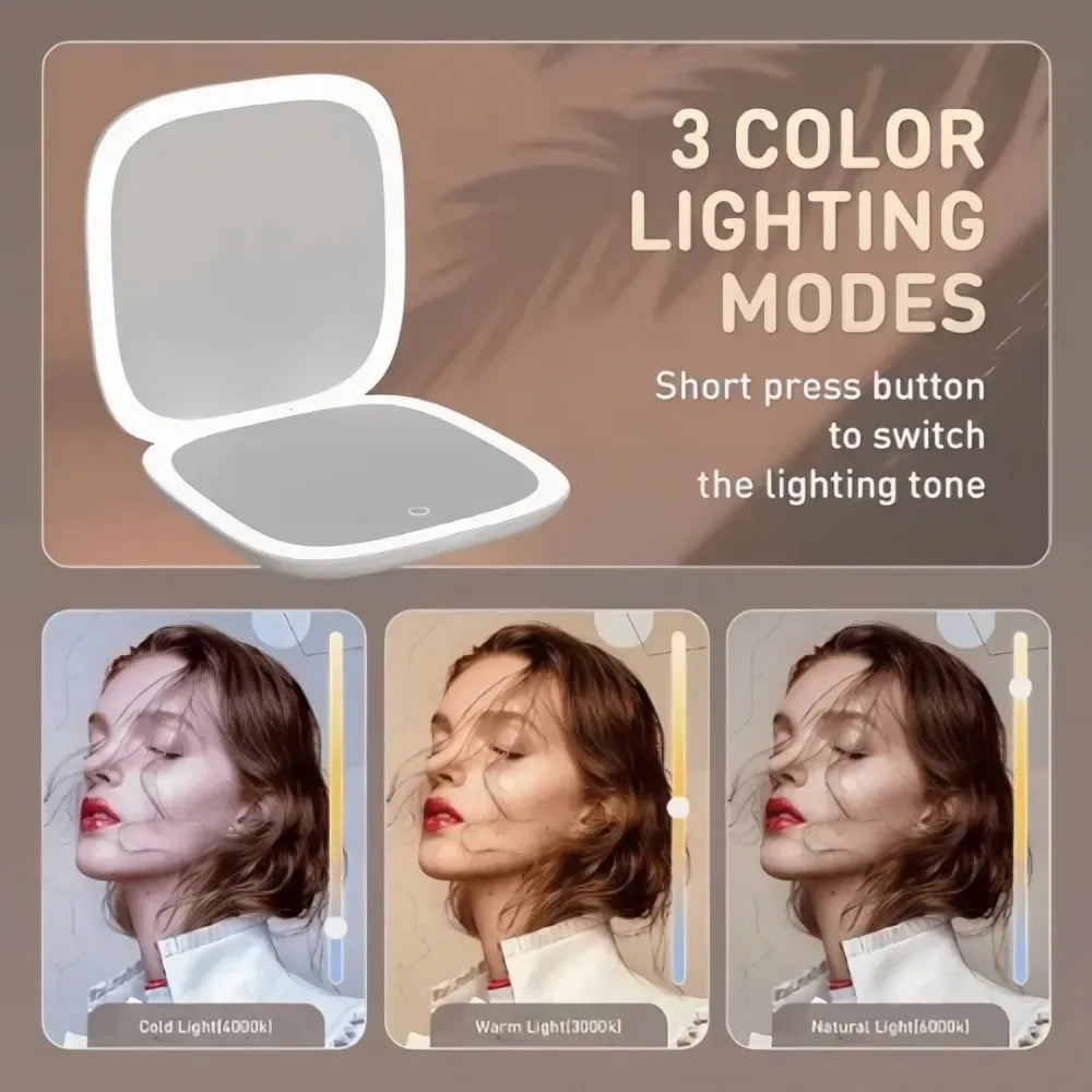 Portable LED Travel Makeup Mirror with 2X Magnification and Three Level Dimming - Double Sided, Handheld, Compact and Folding