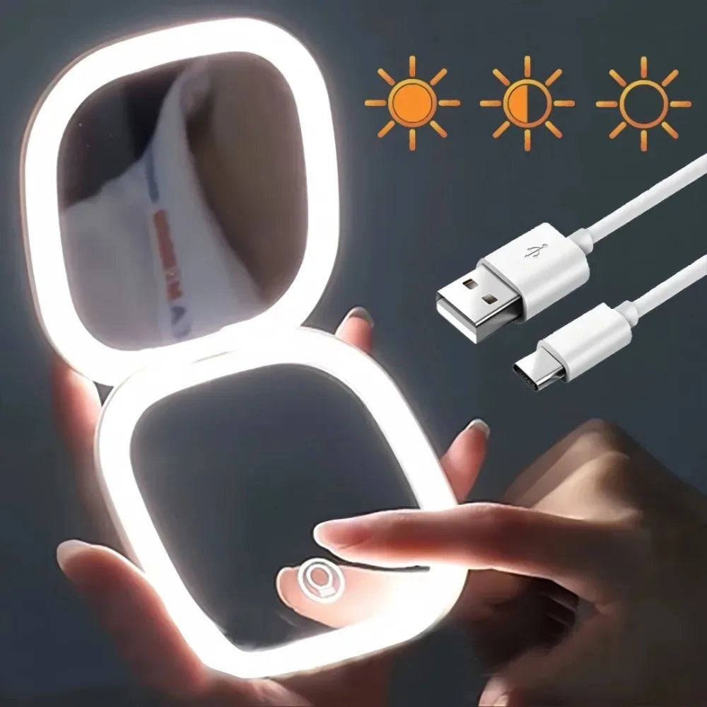Portable LED Travel Makeup Mirror with 2X Magnification and Three Level Dimming - Double Sided, Handheld, Compact and Folding Imagem principal do produto