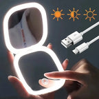 Portable LED Travel Makeup Mirror with 2X Magnification and Three Level Dimming - Double Sided, Handheld, Compact and Folding