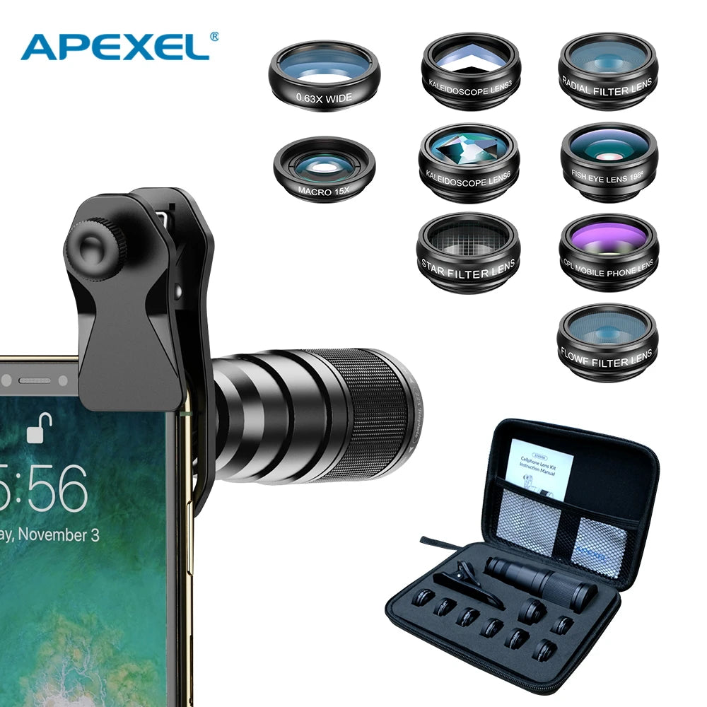 APEXEL 22X Telephoto Lens Kit for iPhone Samsung 10in1 Set Phone Camera Lens Wide Macro Filter Lens for Mobile Phone Accessories Imagen principal del producto