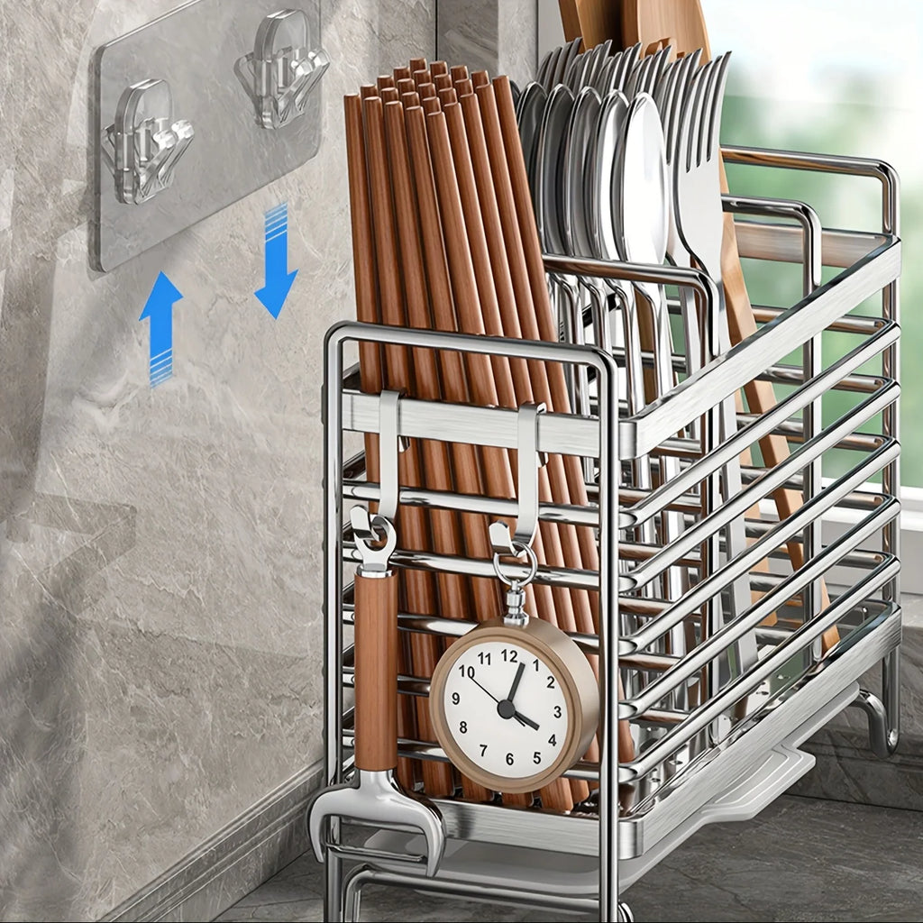 No-Drill Wall-Mounted Utensil Holder. Stainless Steel Space-Saving Organizer for Kitchen Cutlery, Ideal for Small Spaces.