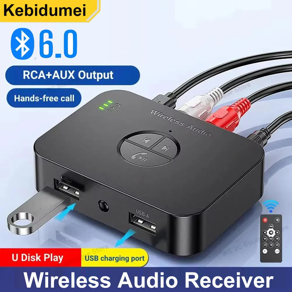 Bluetooth 6.0 Audio Receiver 3.5mm AUX RCA Stereo Lossless Music Wireless Adapter Support U-Disk Play For Car Speaker Amplifier