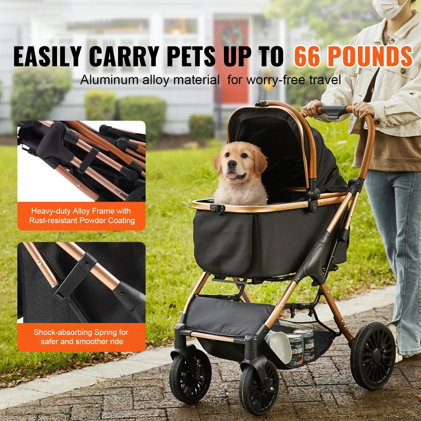 SucceBuy 66 lbs Pet Stroller Foldable Dog Puppy Stroller with Brakes Storage Basket Detachable Carrier for Small to Medium Dogs Imagem secundária do produto
