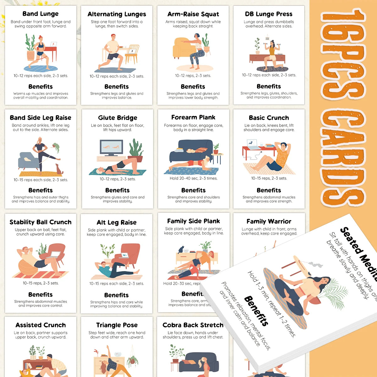 16pcs Home Workout Exercise Cards,Illustrated Guide With Instructions,Portable Fitness Flashcards For Training,Yoga,Fitness Gift Image principale du produit