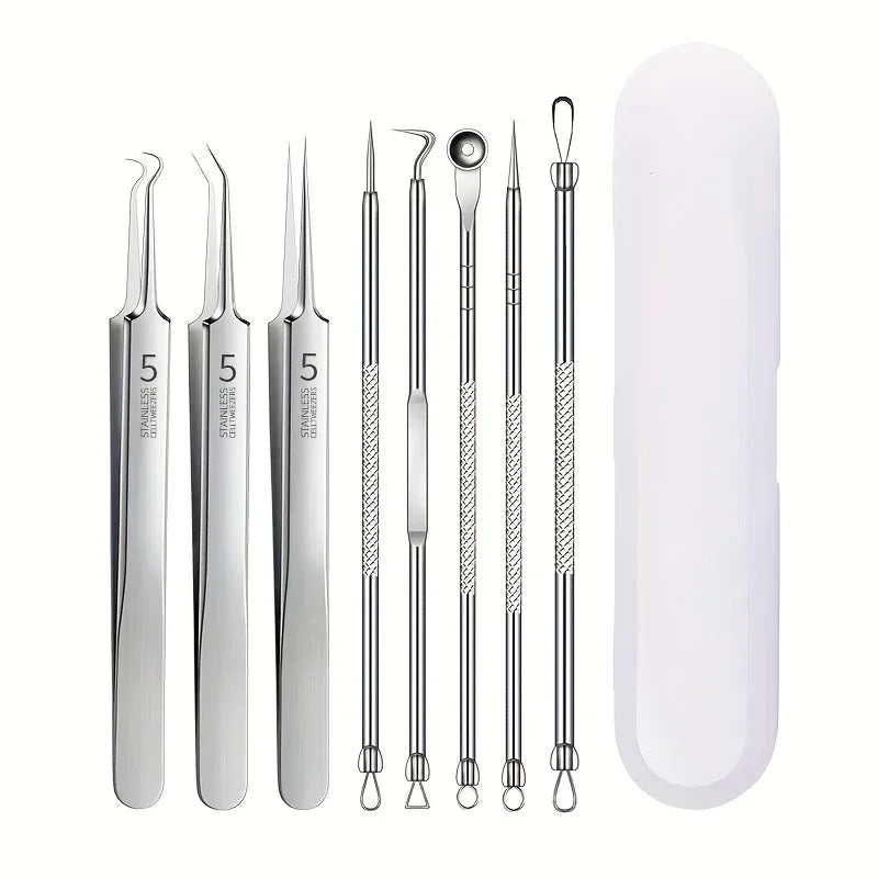 8pcs Professional Skin Care Tools Stainless Steel Pimple Extractors & Needles - for Blackhead Removal, Acne Treatment