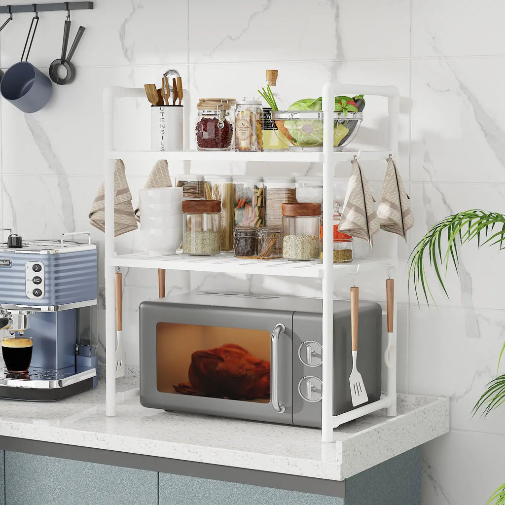 1pc Microwave Oven Storage Rack, Space-saving Countertop Kitchen Utensils Tableware Organizer, Kitchen Accessories Plastic Shelf