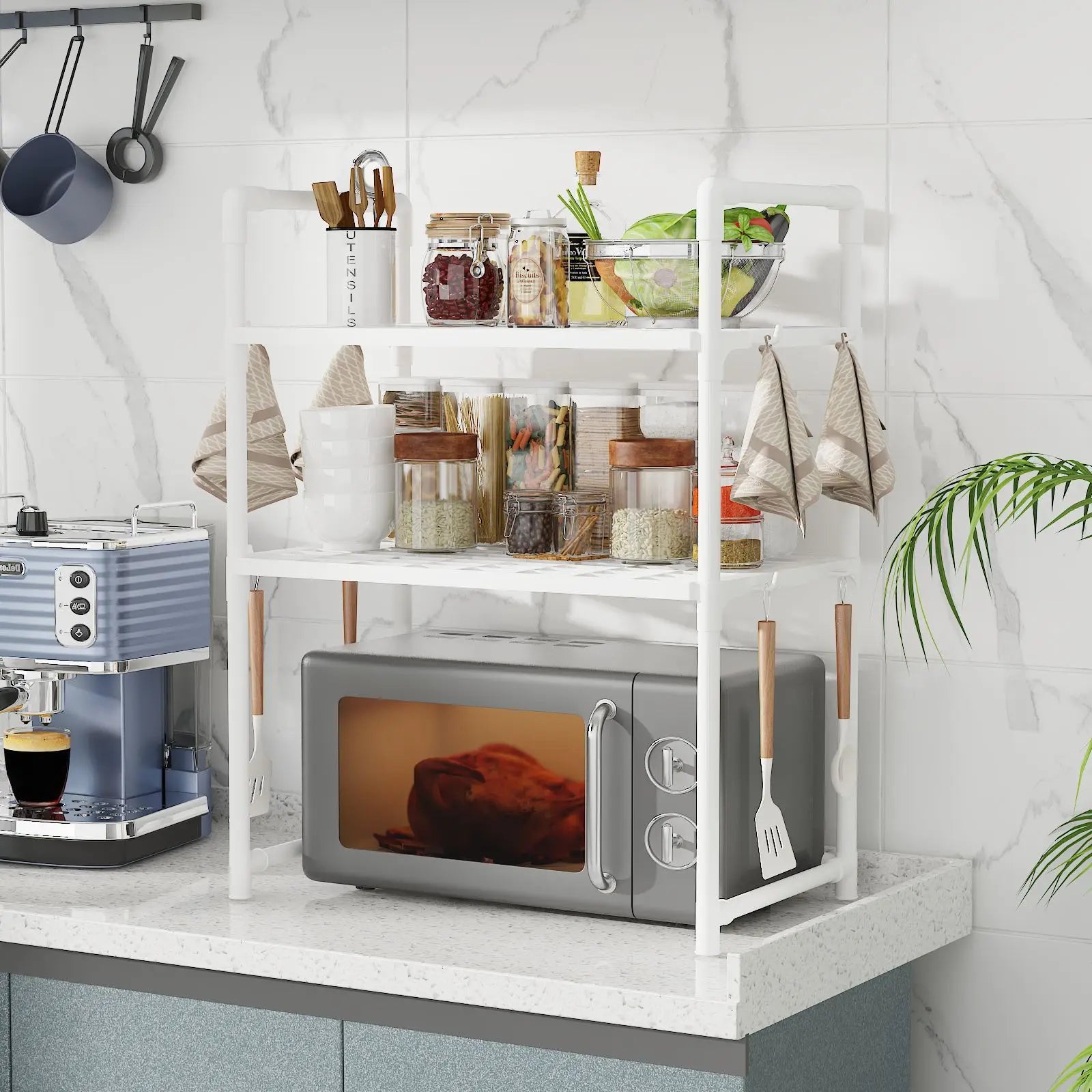 1pc Microwave Oven Storage Rack, Space-saving Countertop Kitchen Utensils Tableware Organizer, Kitchen Accessories Plastic Shelf