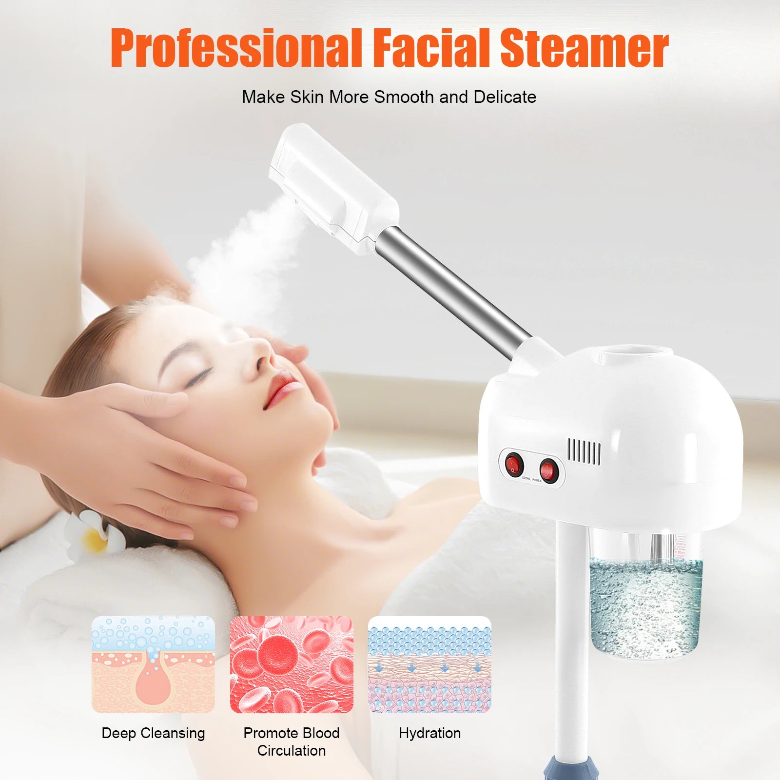 750ml Ozone Facial Steamer Height Adjustable Sprayer 360° Rotatable Movable Skin Care Equipment for Salon Beauty Spa White/Black Imagem principal do produto