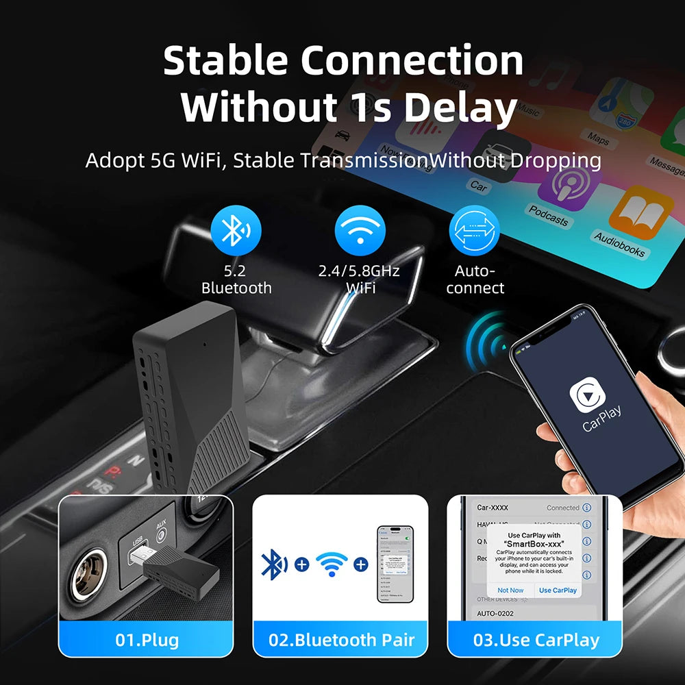 2 in 1 AI Box Mini Adapter Wired to Wireless Carplay&Android Auto Compatible with 99% of Cars Plug and Play WiFi Smart Dongle