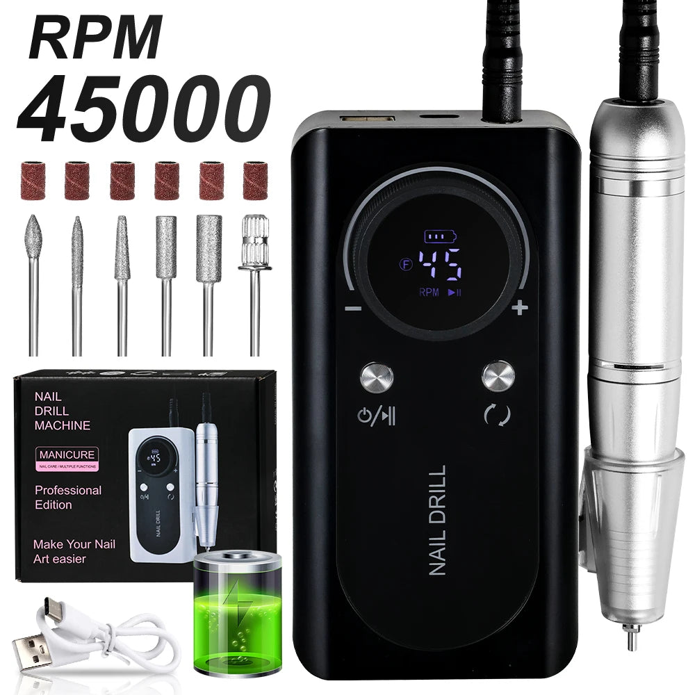 45000RPM Electric Nail Drill File Rechargeable Electric Nail Polishing Machine for Acrylic Gel Dip Powder Manicure Pedicure Tool Imagen principal del producto