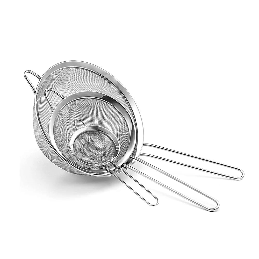3pcs Fine Mesh Strainers Set Stainless Steel Multipurpose Flour Sieve  Sifter With Handle Perfect For tea Flour Egg Kitchen Tool Imagen principal del producto
