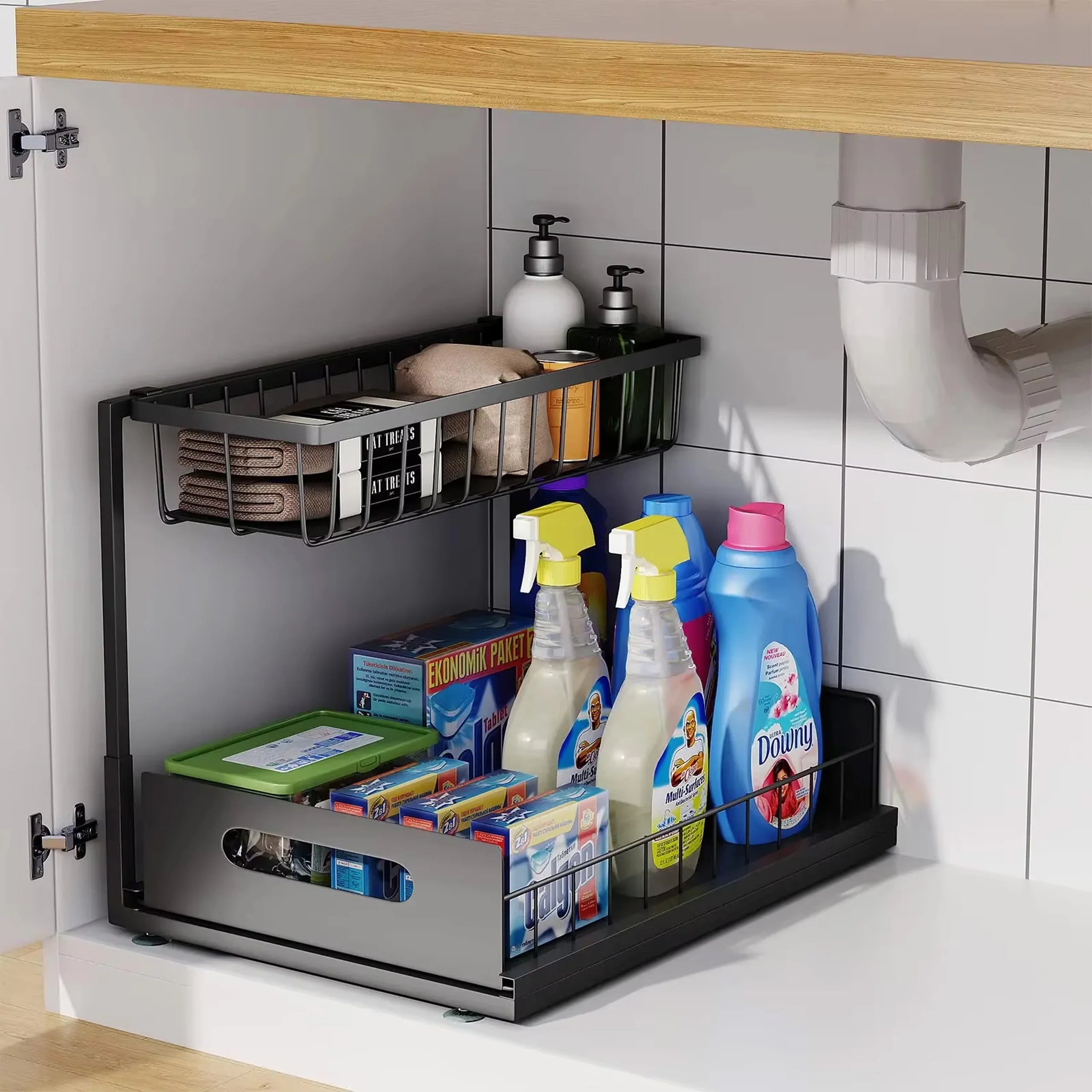 Under Sink 2 Tier Sliding Cabinet Basket Organizer Drawer Pull Out Cabinet Multi-Purpose  Sink Organizer for Bathroom Kitchen Imagen principal del producto