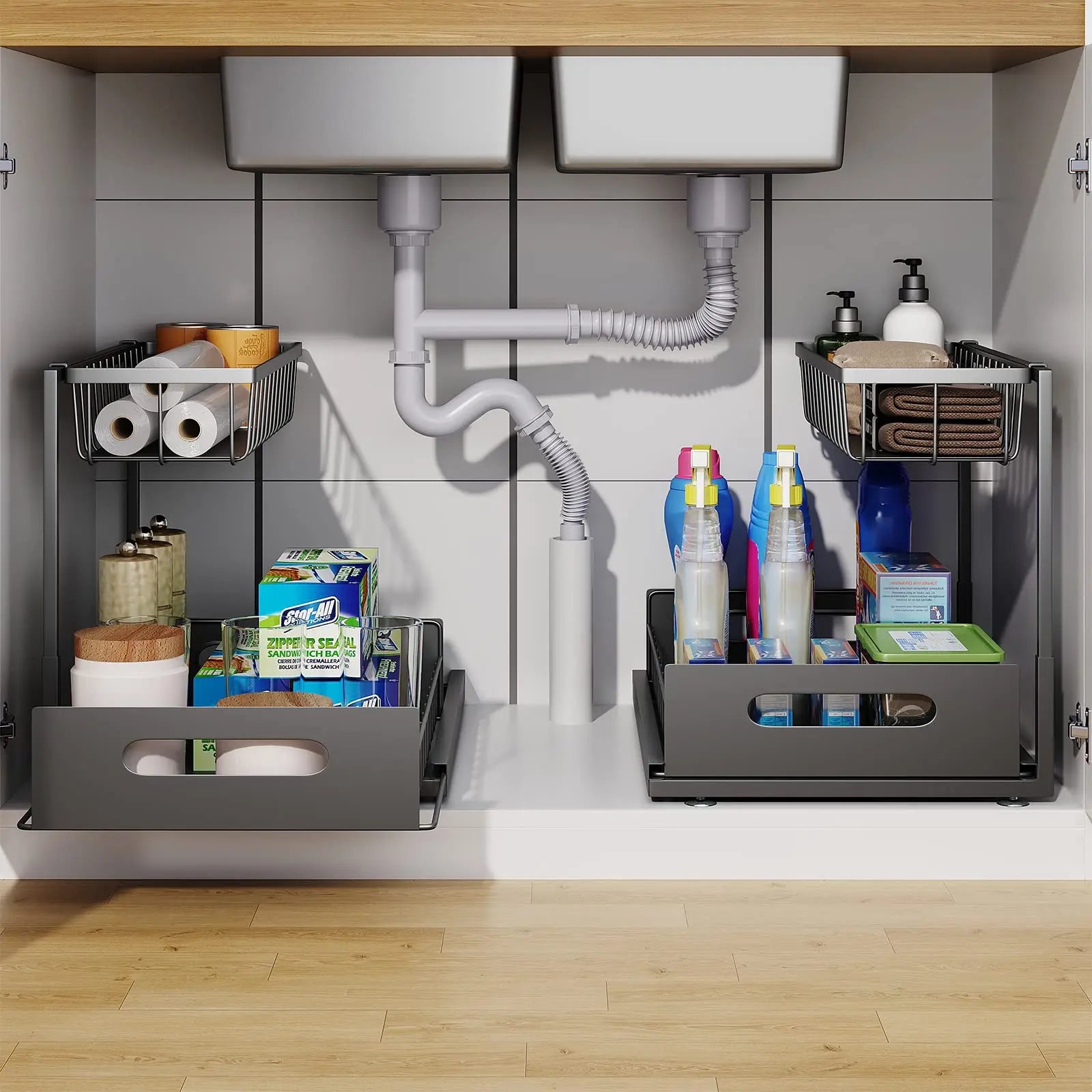 Under Sink 2 Tier Sliding Cabinet Basket Organizer Drawer Pull Out Cabinet Multi-Purpose  Sink Organizer for Bathroom Kitchen Imagen secundaria del producto