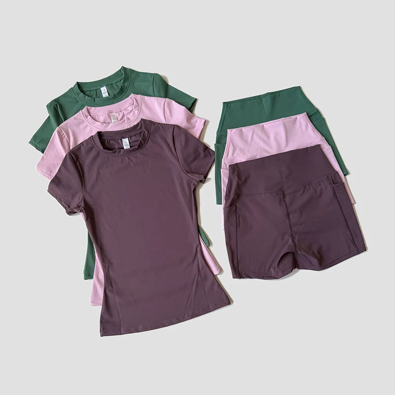 Women's Sports Yoga Set Seamless Knitted Fitness Gym Clothes Sportswear Short Sleeve Crop Top Tracksuits Gym Short Leggings Imagen principal del producto