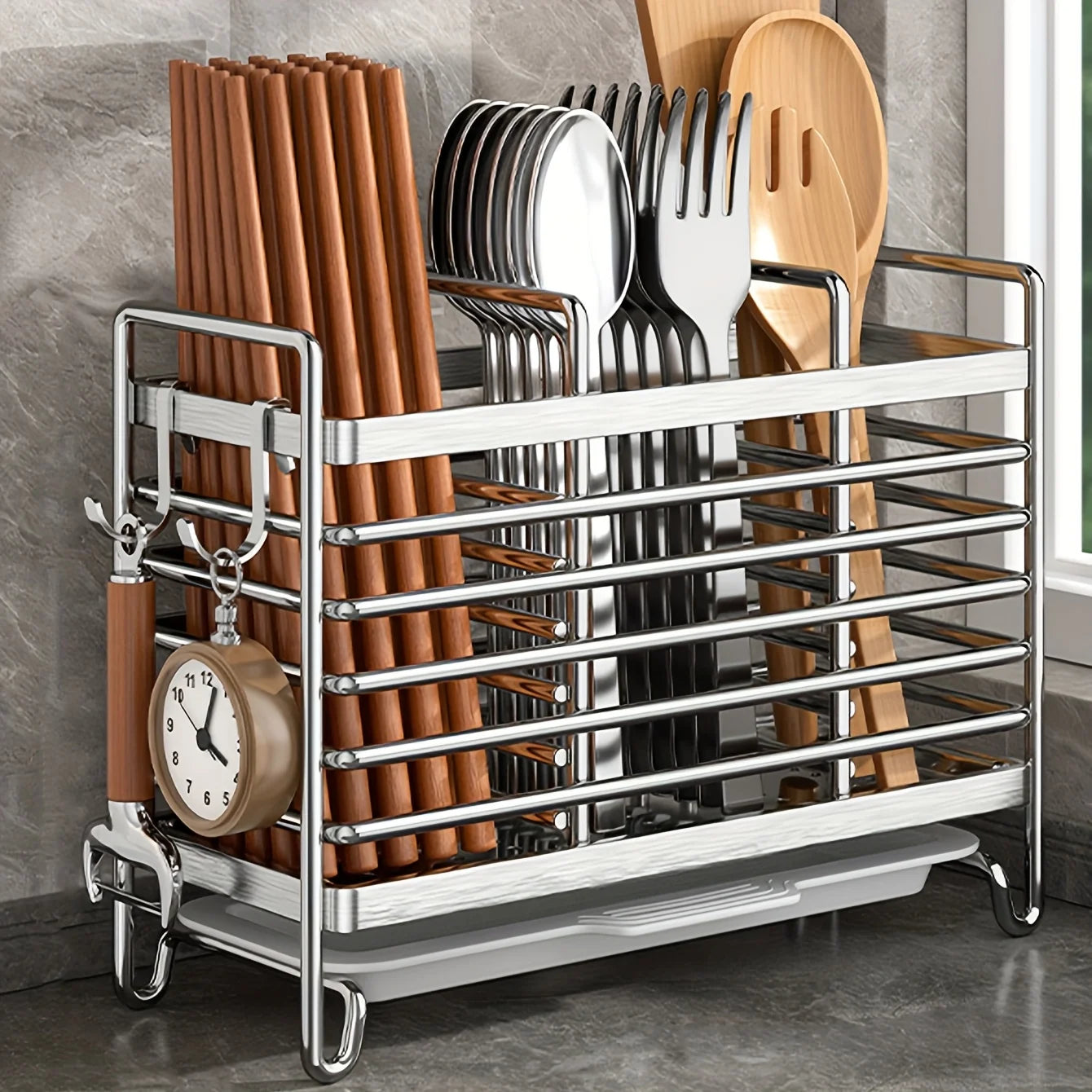 No-Drill Wall-Mounted Utensil Holder. Stainless Steel Space-Saving Organizer for Kitchen Cutlery, Ideal for Small Spaces. Imagem principal do produto