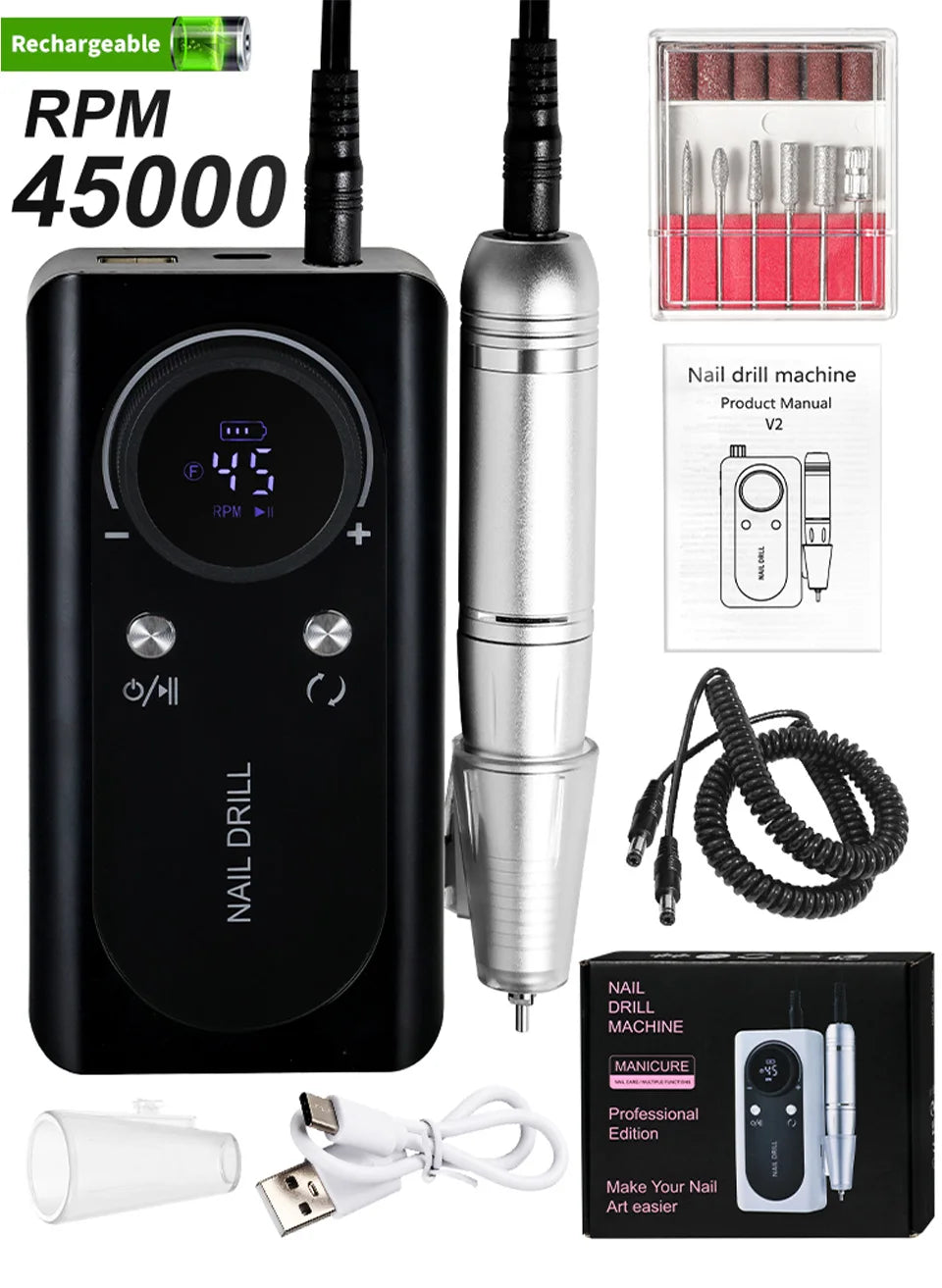 45000RPM Electric Nail Drill File Rechargeable Electric Nail Polishing Machine for Acrylic Gel Dip Powder Manicure Pedicure Tool