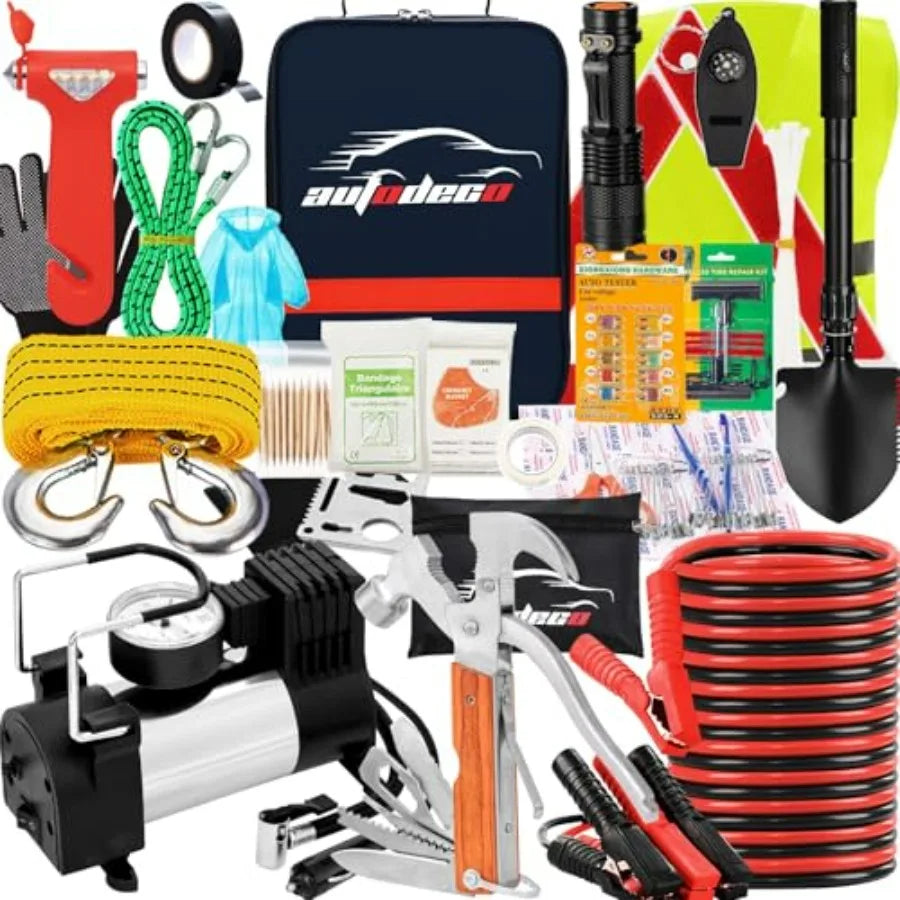 Roadside Emergency Car Kit for Vehicles 95 Pieces Durable Automotive Tools with Red Storage Case Comprehensive Safety Gear for