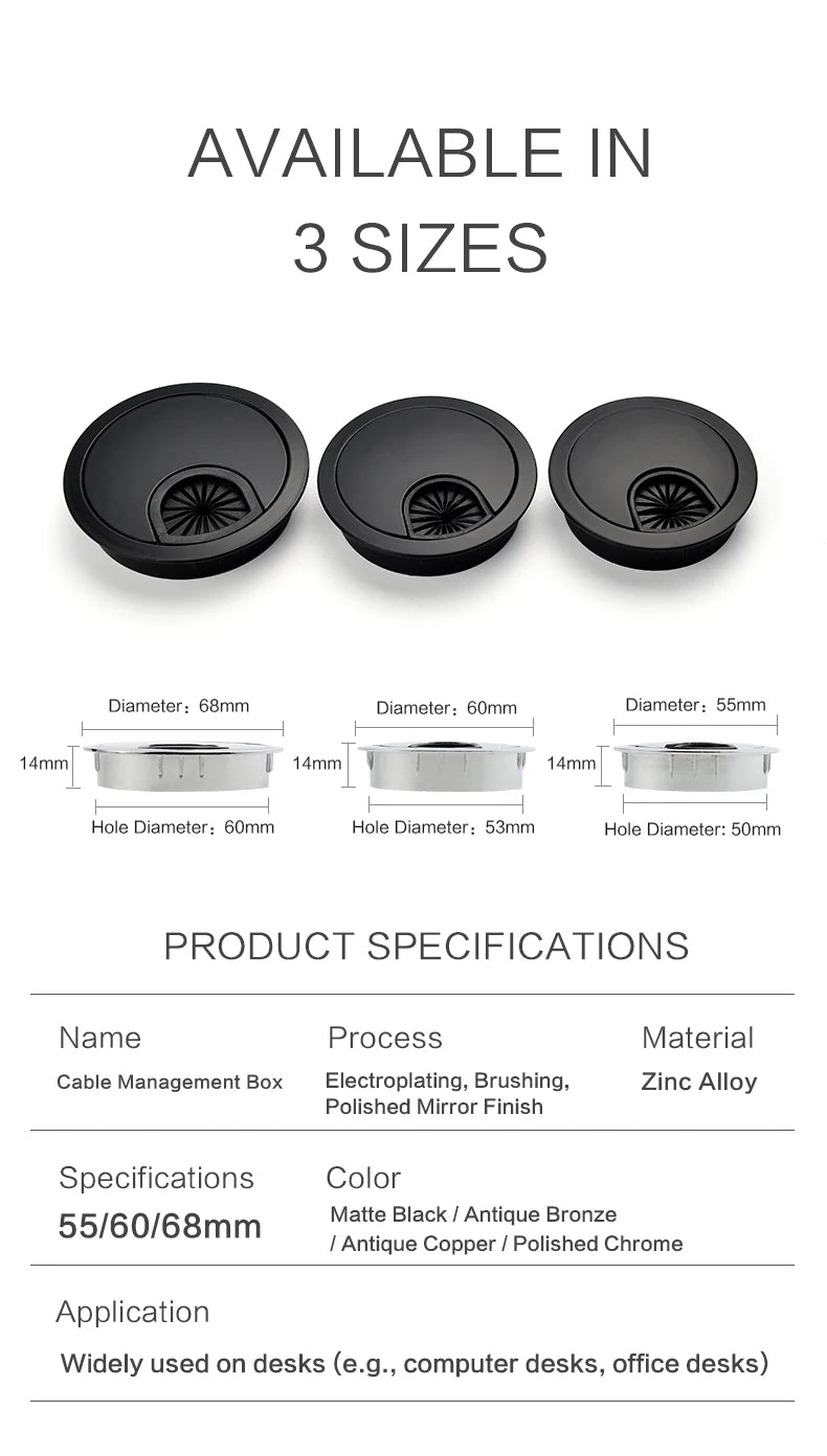 50/53/60mm Office Table Wire Hole Covers Computer Desk round metal decoration box Furniture Hardware Fittings