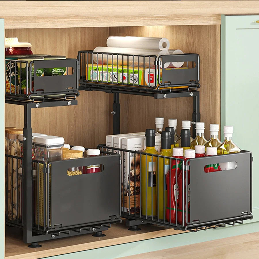Pull-Out Under Sink Organizer, 2-Tier Adjustable Height Sliding Shelf for Kitchen/Bathroom Cabinet Storage, Black & White Imagen principal del producto