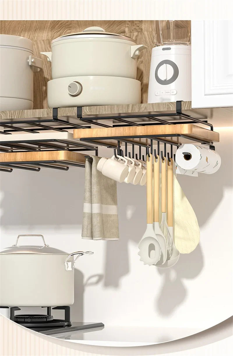 JUSTINLAU Stainless steel Kitchen Hanging Organizer Rack with Hook Paper Towel Rag Hanging Cutting Board Pot Cover Storage Shelf