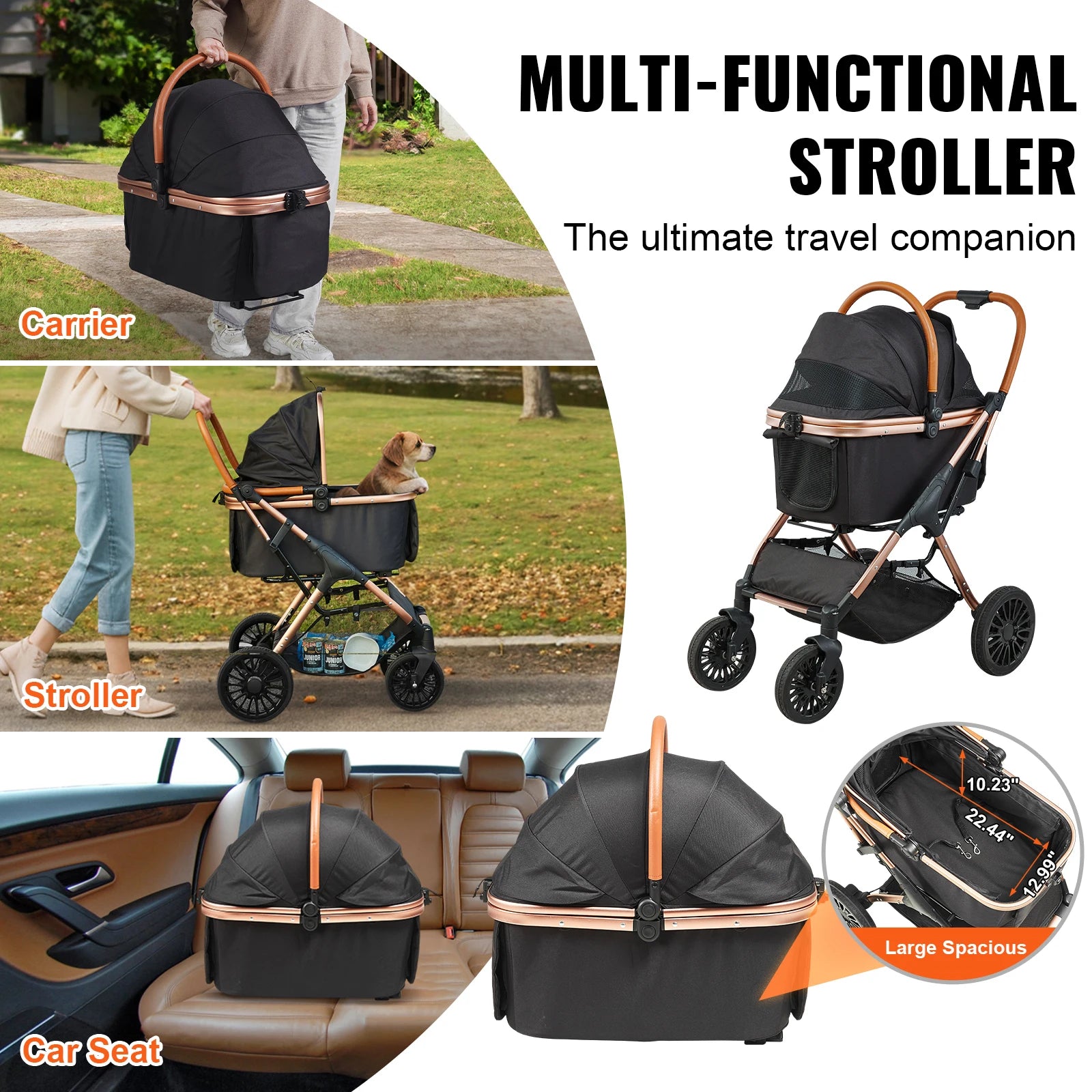 SucceBuy 66 lbs Pet Stroller Foldable Dog Puppy Stroller with Brakes Storage Basket Detachable Carrier for Small to Medium Dogs