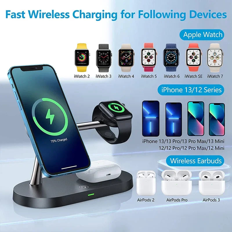 3 in 1 Wireless Charger Stand Magnetic For iPhone 12 13 14 15 Fast Charging Station for Apple Watch 9 8 7 6 5 Airpods 2 3 Pro Imagen secundaria del producto