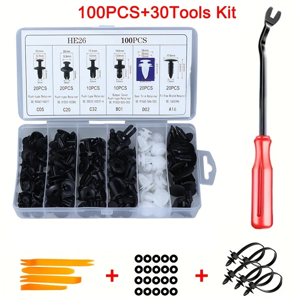 130PCS Bumper Retainer Clips with Fastener Remover Car Plastic Rivets Push Kit -Door Trim Panel