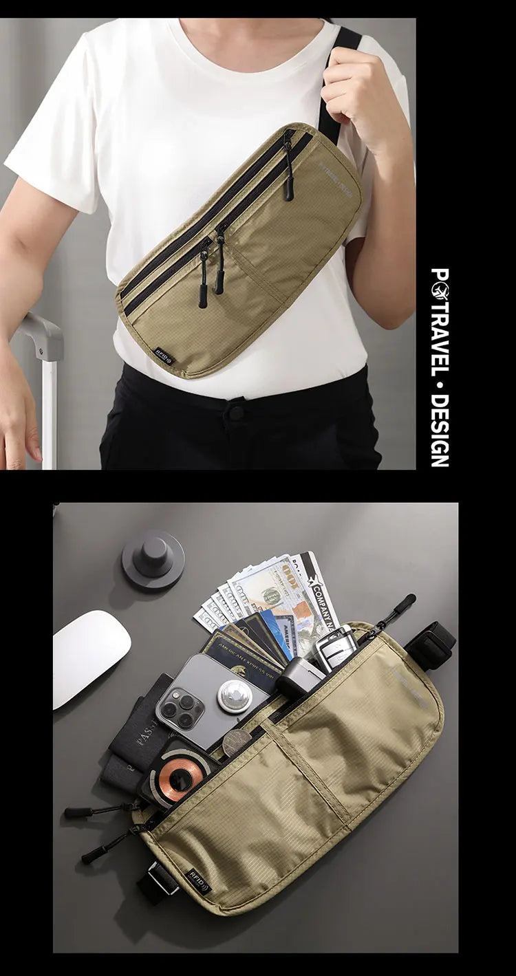 Travel Money Belt Waist Bag Waterproof RFID Blocking Anti-Theft Passport Holder Hidden Pocket Secure Waist Pouch Fanny Pack for