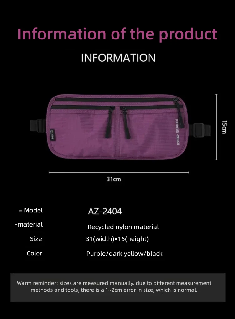 Travel Money Belt Waist Bag Waterproof RFID Blocking Anti-Theft Passport Holder Hidden Pocket Secure Waist Pouch Fanny Pack for