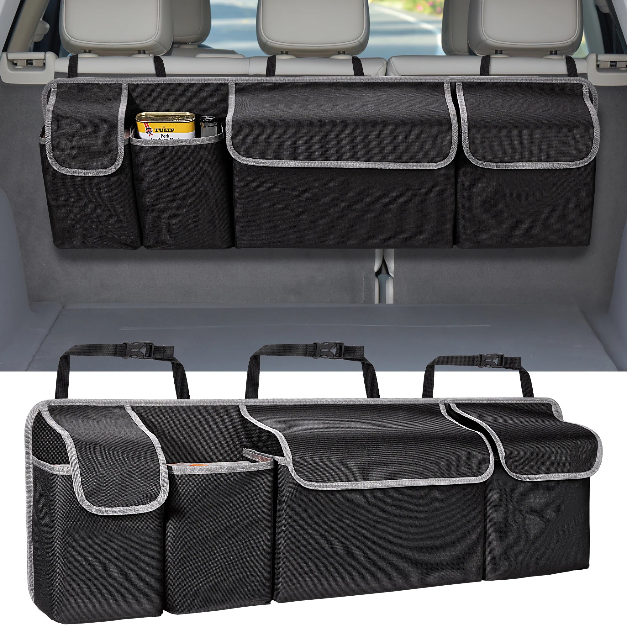 Car Trunk Organizer for SUV Backseat Hanging Organizer for SUV Truck MPV Upgrade Back Seat Storage Bags with 4 Pockets 39*14inch Imagen principal del producto