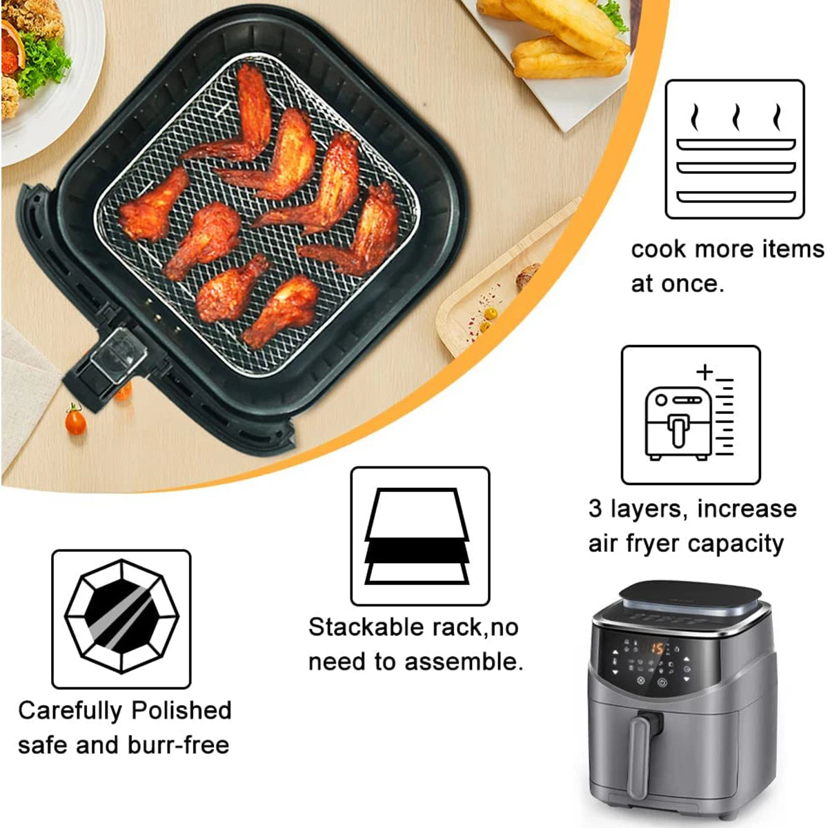 3Layer Air Fryer Racks Stainless Steel Square Air Fryer Basket Tray Stackable Dehydrator Racks Air Fryer Accessories Fit Kitchen Imagen secundaria del producto
