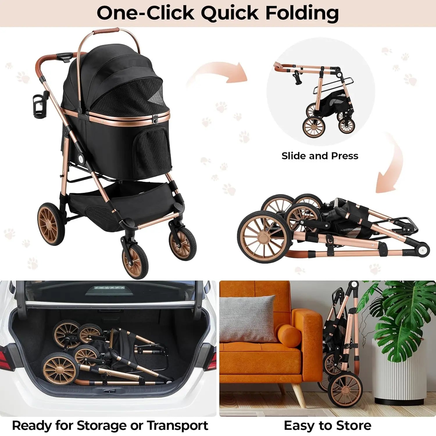 360° High Wheels Transport Foldable Cat Pet Stroller 2in1 Dog Buggy Stroller Dog Box Can Be Attached in Car, Max. load 25 kg