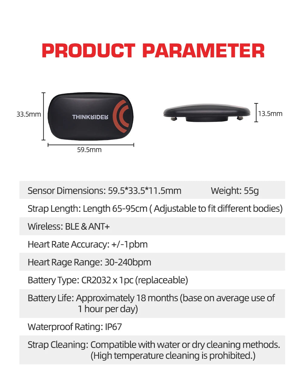 ThinkRider Heart Rate Monitor Chest Strap ANT+ BLE 4.0 Fitness Sensor Compatible Belt Wahoo Polar Garmin Connected Cycl
