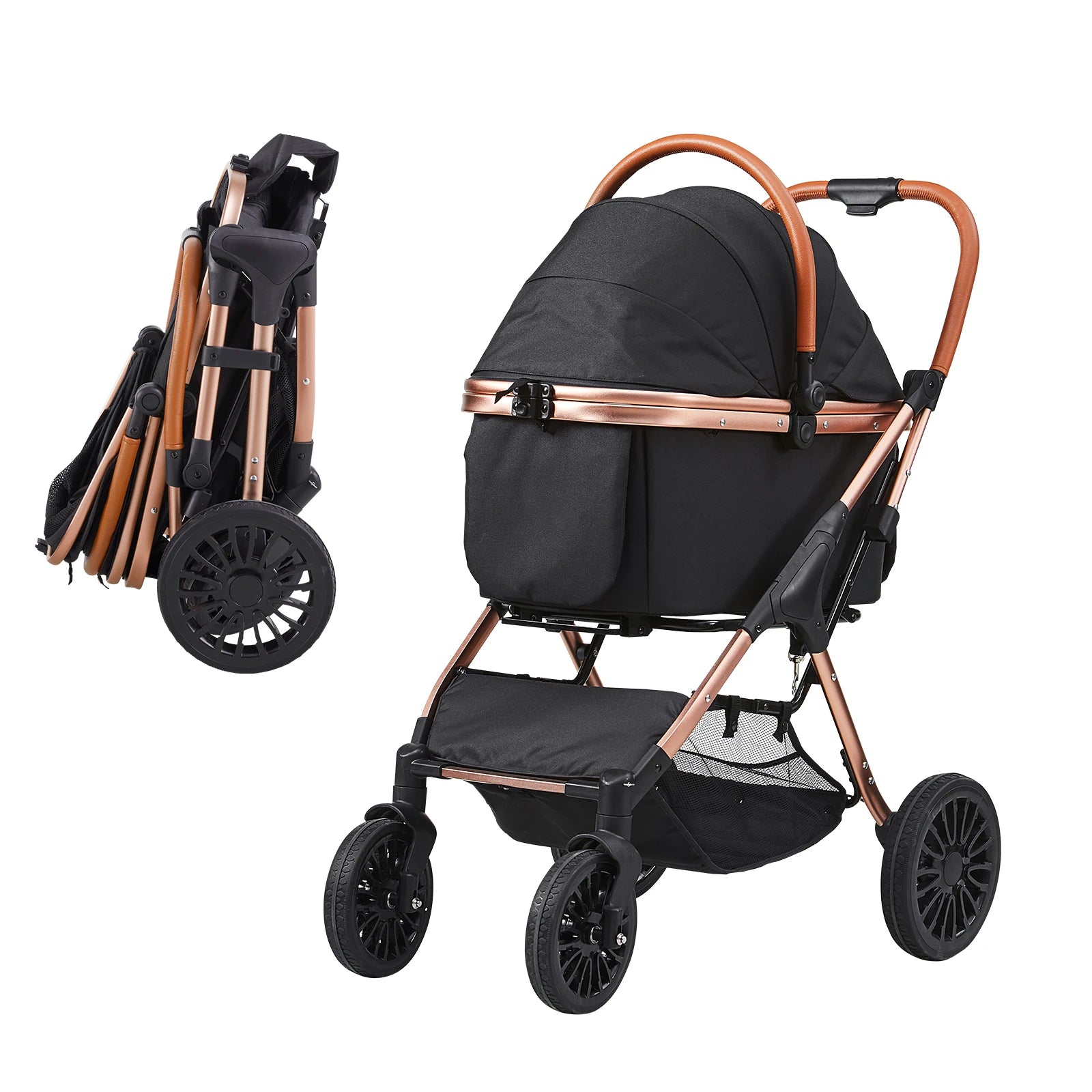 SucceBuy 66 lbs Pet Stroller Foldable Dog Puppy Stroller with Brakes Storage Basket Detachable Carrier for Small to Medium Dogs