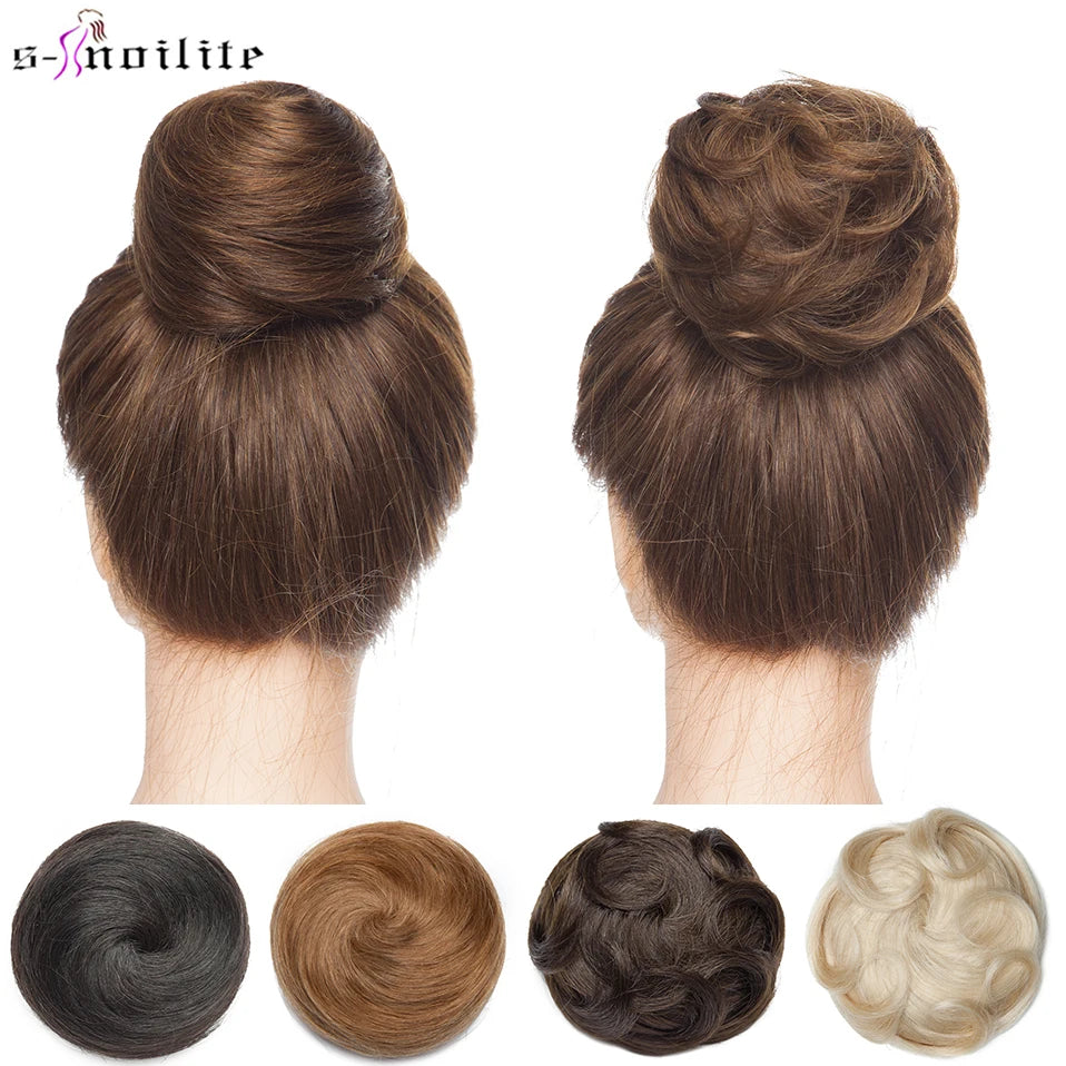 S-noilite 30g Hair Bun Curly Or Straight Chignon 100% Human Hair Donut Hairpiece Brown Blonde Headwear Wrap On Elastic Scrunchie Imagen principal del producto