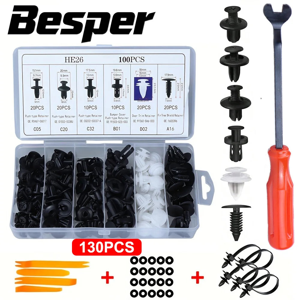 130PCS Bumper Retainer Clips with Fastener Remover Car Plastic Rivets Push Kit -Door Trim Panel