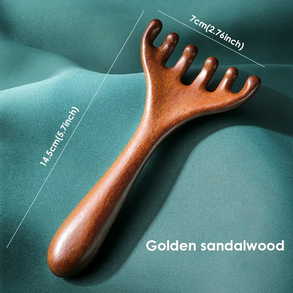 Natural Golden Sandalwood Five-Claw Scalp Massager Gua Sha Tool Back Scratcher Spa Handheld Meridian Massage Comb Hair Care