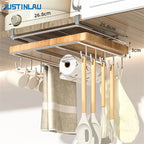 JUSTINLAU Stainless steel Kitchen Hanging Organizer Rack with Hook Paper Towel Rag Hanging Cutting Board Pot Cover Storage Shelf