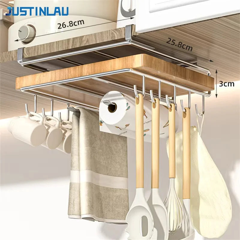 JUSTINLAU Stainless steel Kitchen Hanging Organizer Rack with Hook Paper Towel Rag Hanging Cutting Board Pot Cover Storage Shelf Imagem principal do produto